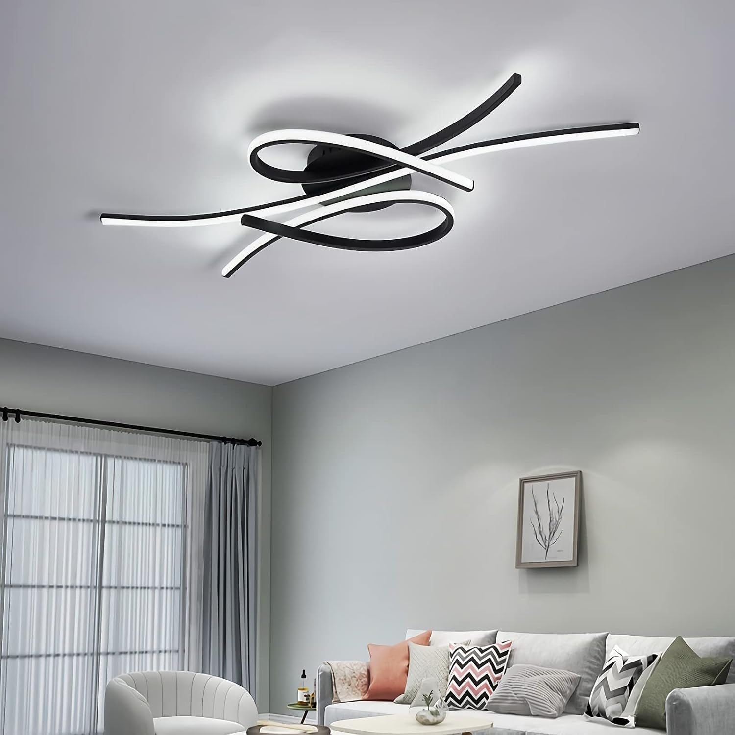 Plafonnier LED Plafonnier Dimmable Lampe De Salon Moderne Lampe De Chambre À Coucher Plafonnier Design D'Intérieur Avec Télécommande Salon Cuisine Bureau (Noir, L100Cm)