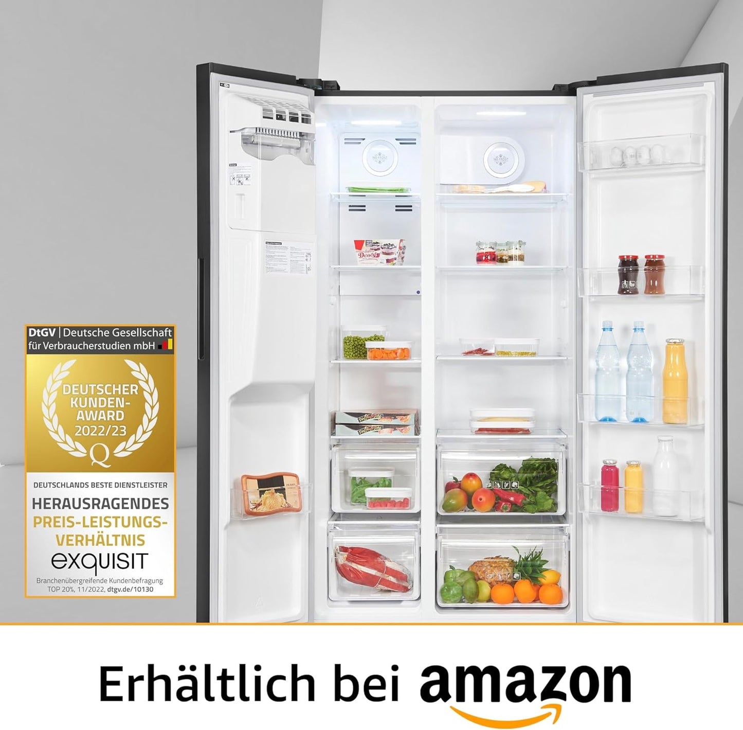 Exquisit SBS520-CF-040E Side by Side Kühlschrank, 91 Cm Breit, 513L, Nofrost, Ice-Maker, Festwasseranschluss, Inoxlook