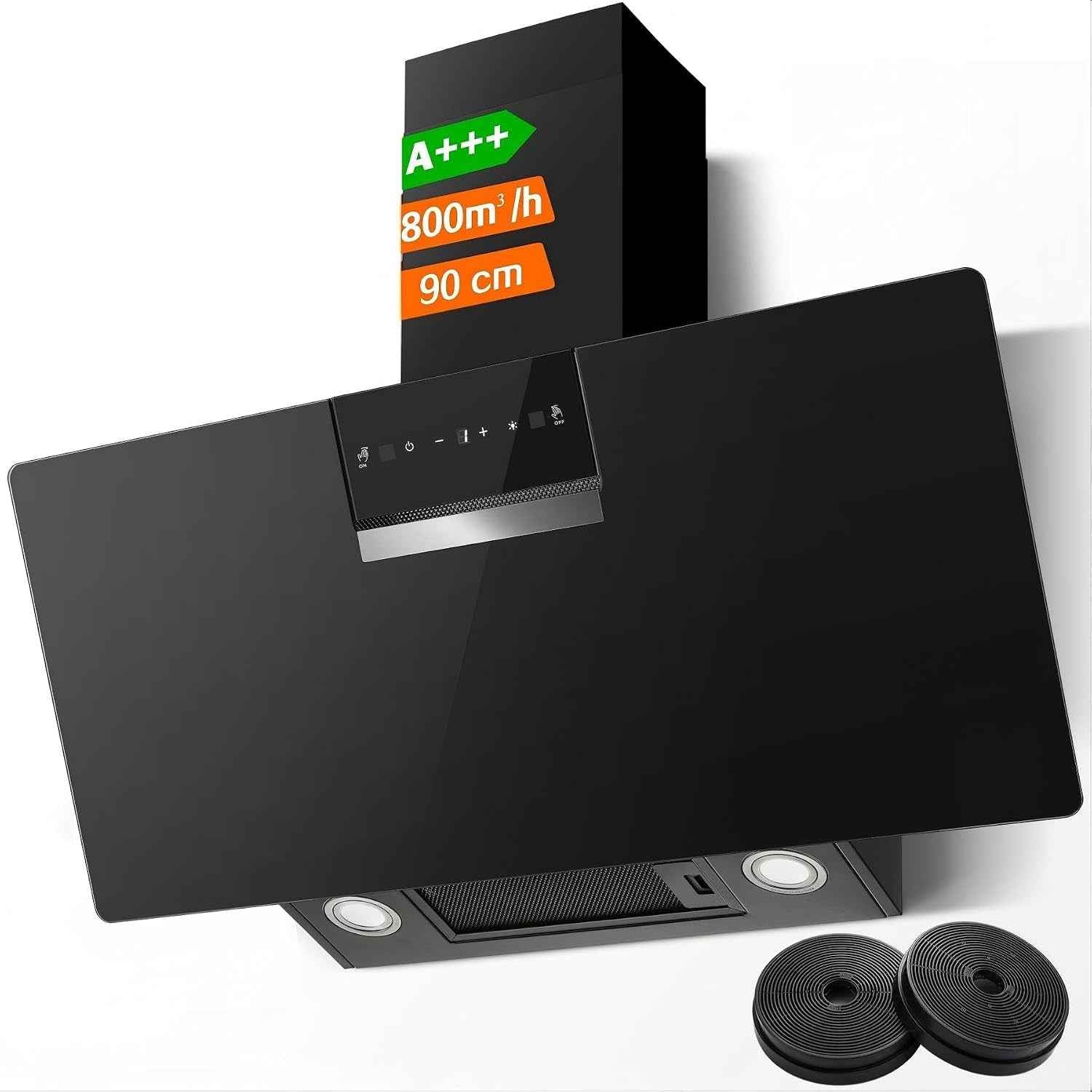 A+++ Hotte Aspirante 90 Cm, 800 M³/H, Contrôle Gestes & Tactile | Hotte De Cuisine 3 Vitesses + Mode Booster, Filtre À Charbon Actif, Recyclage/Évacuation, Panneau Verre Tactile, Hotte Noire