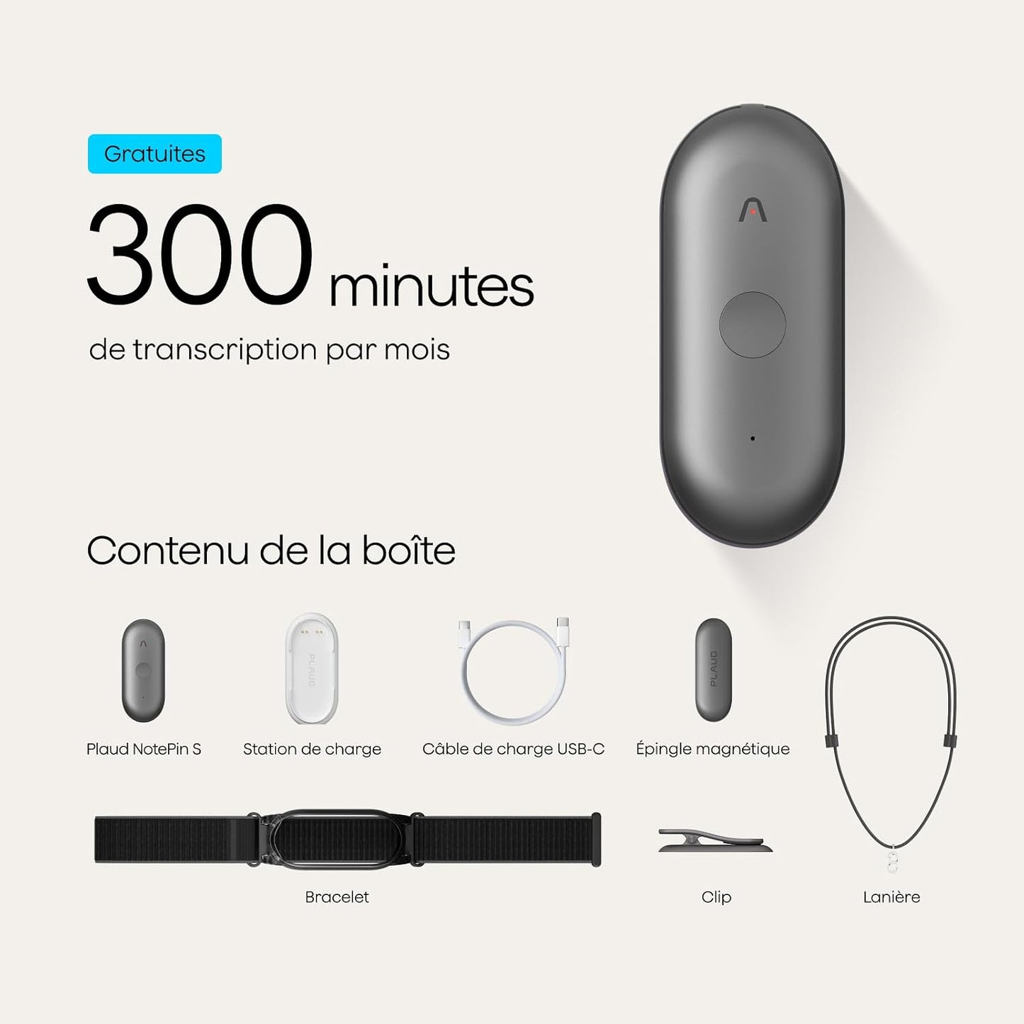 Notepin S Enregistreur Vocal IA Avec Bouton Tactile Prise De Notes IA Transcription Résumé IA Et Team Plan Dictaphone Enregistreur Numérique Pour Réunions Interviews Avec 4 Accessoires Gris