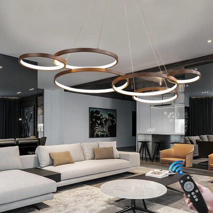 Luminaire Suspendu LED Grand Lustre De Table D'Intérieur Hauteur Réglable Suspension Lampe De Salon Dimmable Avec Télécommande Lampes À Anneaux Modernes En Aluminium Plafonnier De Café Restaurant