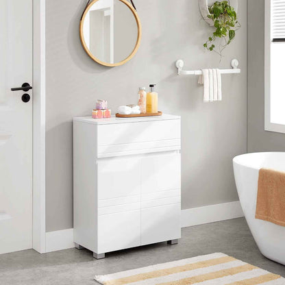 Meuble De Salle De Bain Sur Pied, Meuble De Rangement Avec Tiroir, Armoire À Double Porte, Étagère Réglable, Pour Entrée, Couloir, 60 X 30 X 80 Cm, Blanc BBK140W01