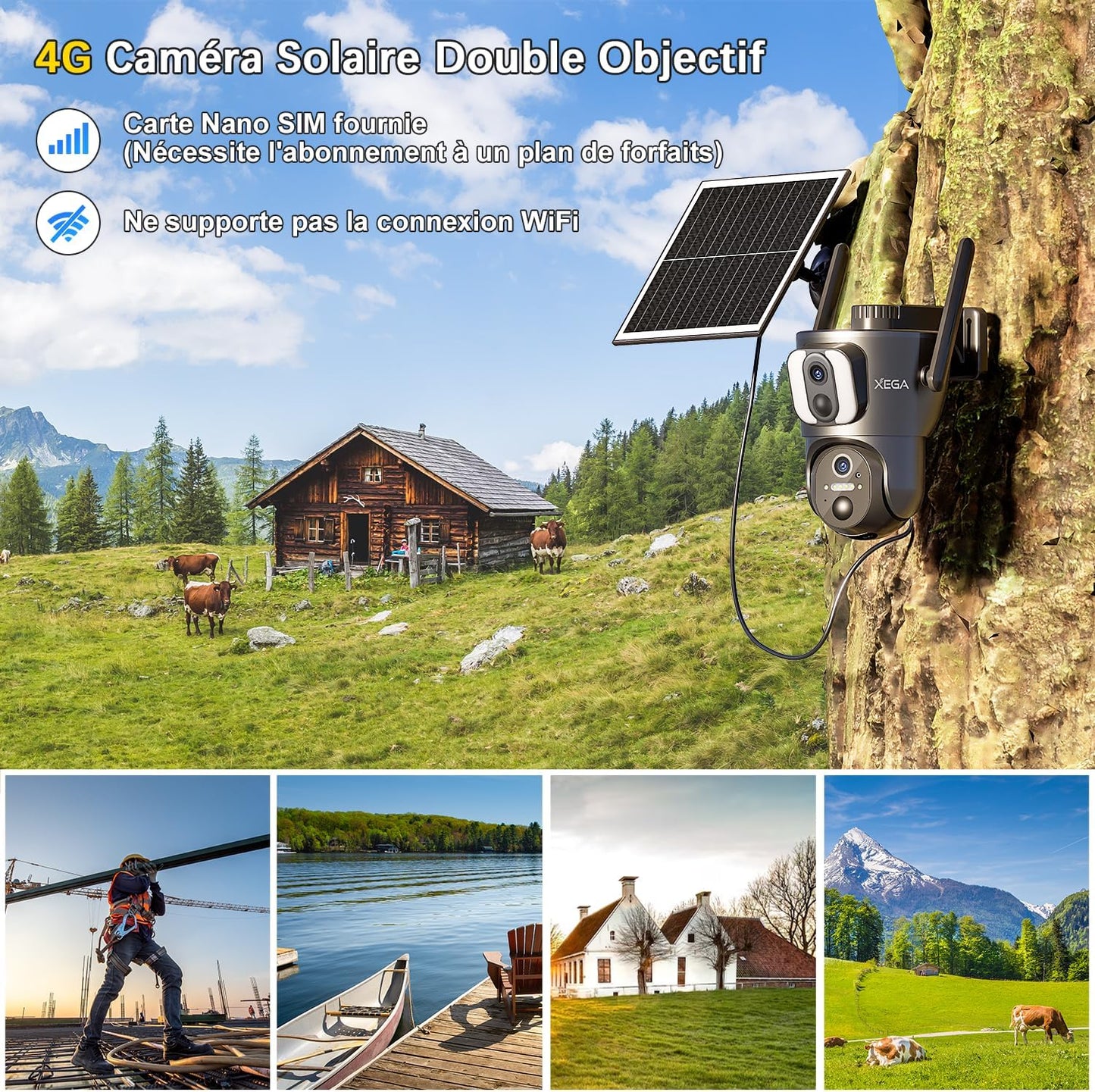 4G LTE Caméra Solaire【Double Objectif】Avec Carte Sim, 14400Mah Camera Extérieure Sans Fil, Détection De Personne 2K HD Inclinable 355°/100°, Autonome Sur Batterie,Vision Nocturne IP66 (Non Wifi)