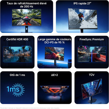 27 Pouces Gaming Moniteur, 200Hz1Ms Gtg,Freesync Premium P27FDA-RGGL | HDR 400, Fast IPS, 100% Srgb, 95% DCI-P3, ΔE < 2, Certification TÜV Faible Lumière Bleue (HDMI 2.0/DP 1.4)