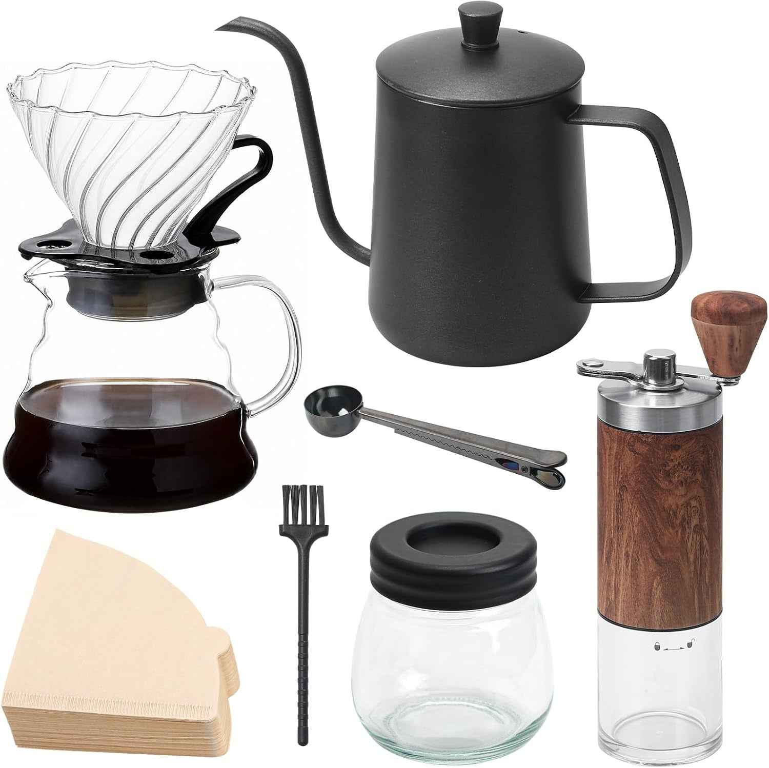 Ensemble De Moulin À Café Manuel De 7 Pièces,Ensemble D'Outils De Brassage De Café Portable,Coffee Grinder Degré Avec Bouilloire 600Ml,Mouture Réglable,Outdoor Travel Picnic（100 Filtres）
