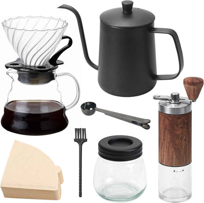 Ensemble De Moulin À Café Manuel De 7 Pièces,Ensemble D'Outils De Brassage De Café Portable,Coffee Grinder Degré Avec Bouilloire 600Ml,Mouture Réglable,Outdoor Travel Picnic（100 Filtres）