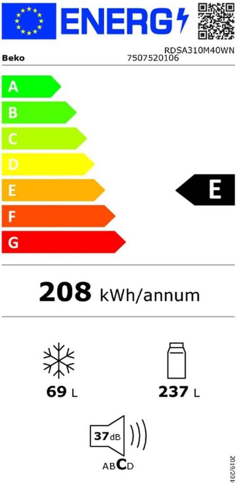 RDSA310M40WN Réfrigérateur-Congélateur Pose Libre 306 L E Blanc