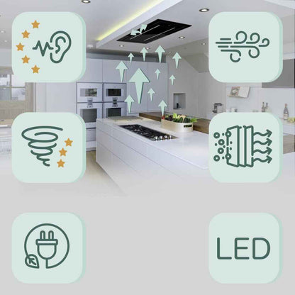 Hotte Aspirante De Plafond, 120 Cm, GCH C 341 Prime, Moteur D'Aspiration À Recirculation, 1000 M³/H, En Verre, Noir, Avec Télécommande, Classe D'Efficacité Énergétique A