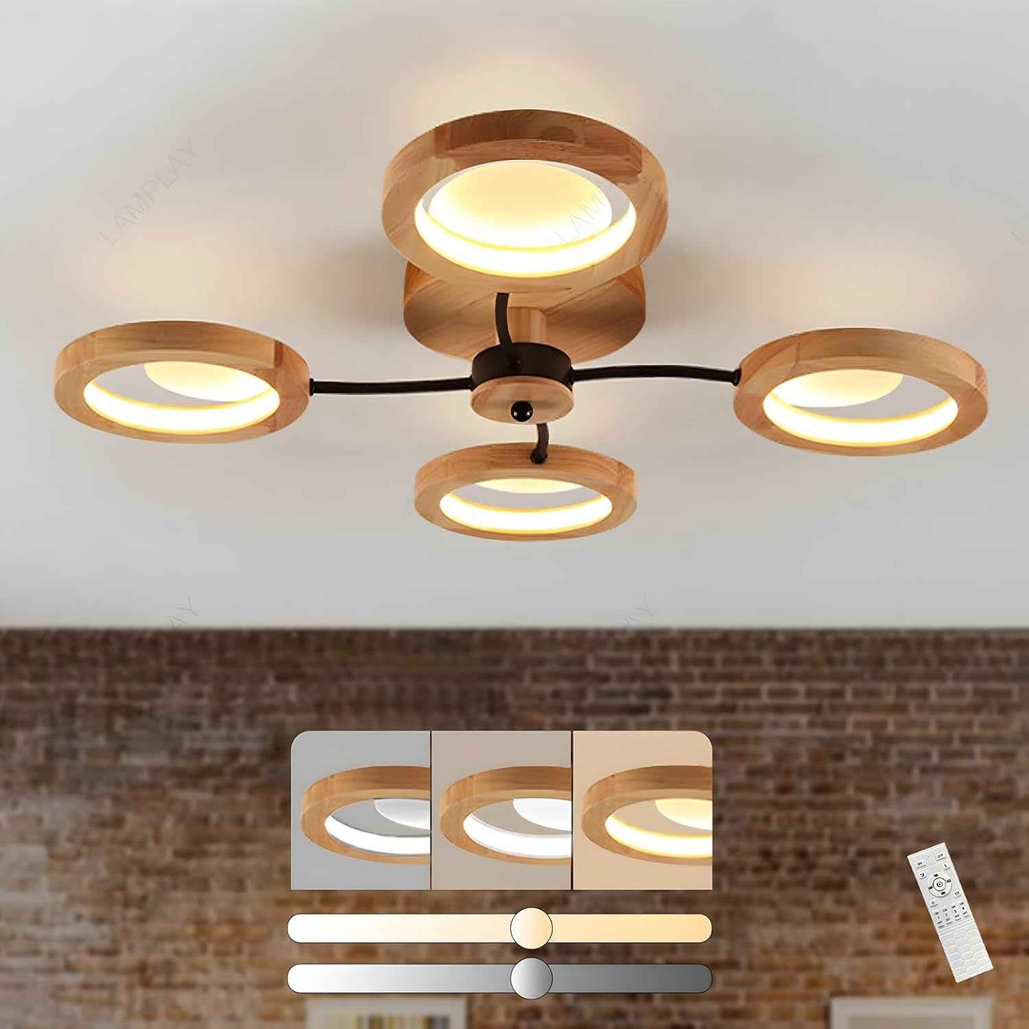 Plafonnier LED Moderne, Lustre Ø74Cm Dimmable Avec Télécommande 3000K-6000K, Bras Noir + 4 Anneaux En Bois, Abat-Jour Cercle En Métal, Salon Chambre Salle À Manger Bureau