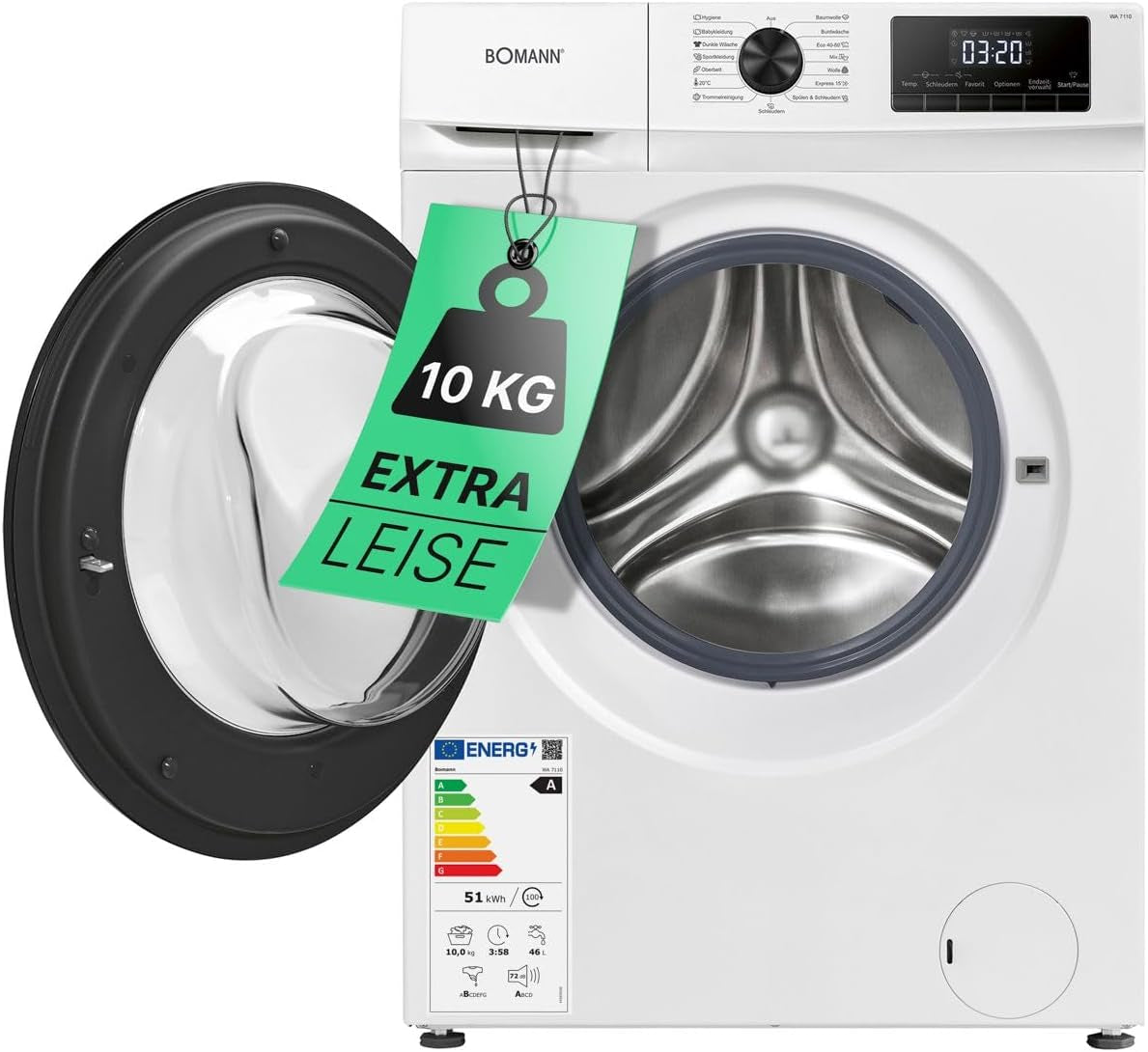 Bomann WA 7110 10Kg Frontlader Waschmaschine, 60 Cm Breit, 1400U/Min, 15 Programme, LED Display, Kindersicherung, Weiß
