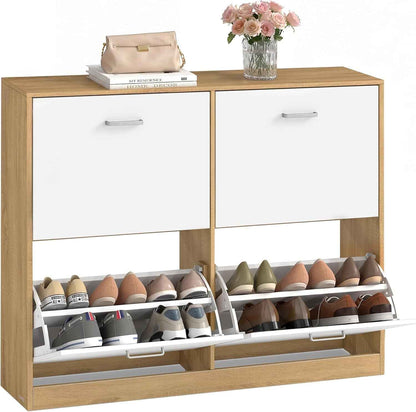Custos Collection - Meuble À Chaussures À 3 Abattants, Placard De Rangement À 3 Niveaux, 3 Compartiments, Pour Entrée, Salon, Chambre, Doré Chêne LBC035YA01