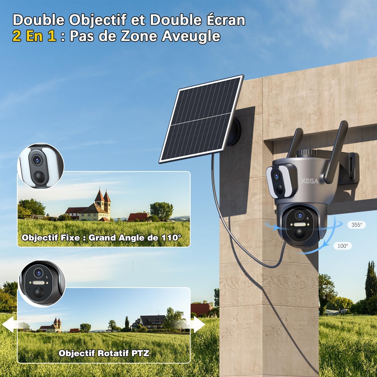 4G LTE Caméra Solaire【Double Objectif】Avec Carte Sim, 14400Mah Camera Extérieure Sans Fil, Détection De Personne 2K HD Inclinable 355°/100°, Autonome Sur Batterie,Vision Nocturne IP66 (Non Wifi)
