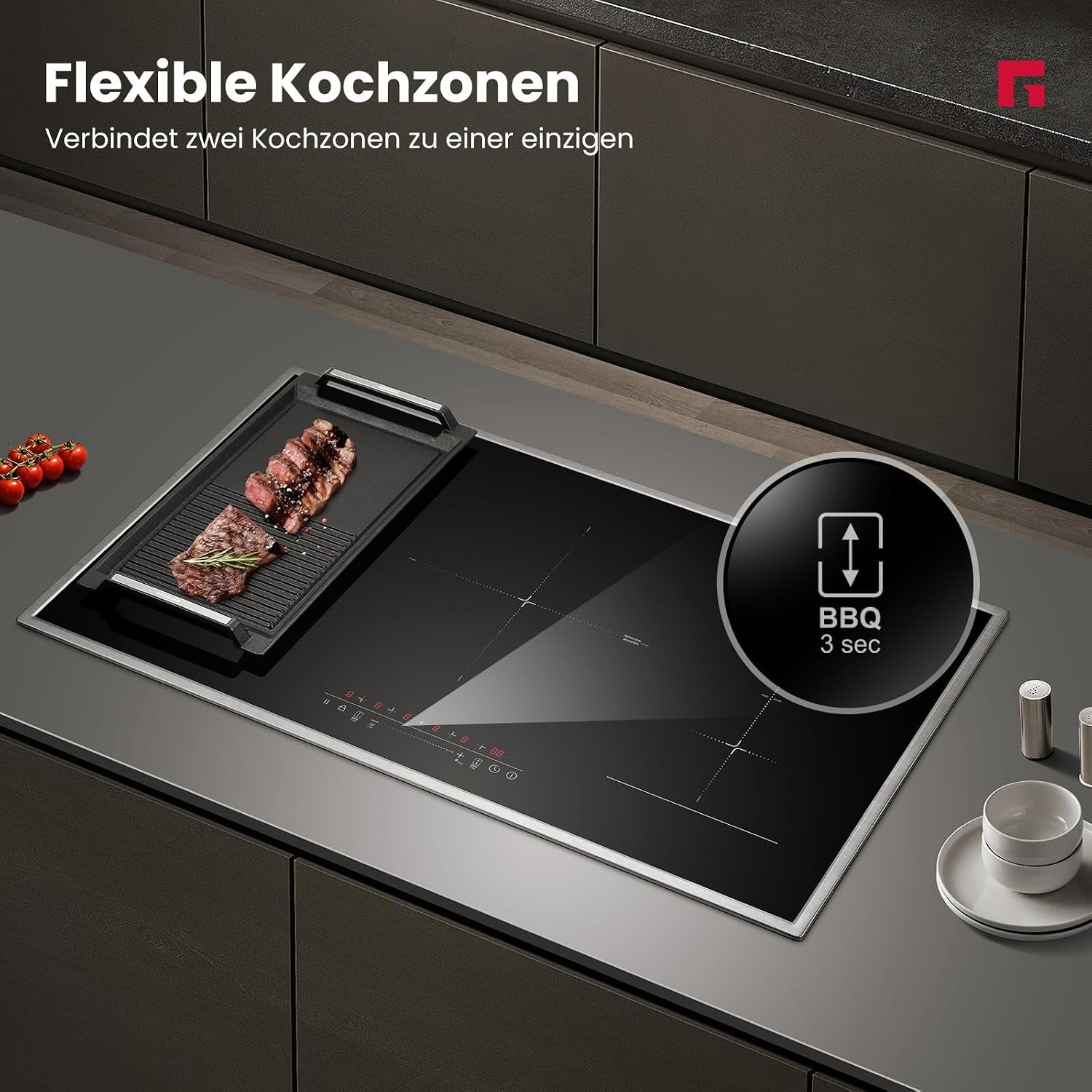 IH905BFB Plaque De Cuisson Induction Encastrable 90 Cm, 5 Foyers Avec Cadre En Inox, Zone Spéciale BBQ, Powerboost, 10000W (Poêle Non Incluse)