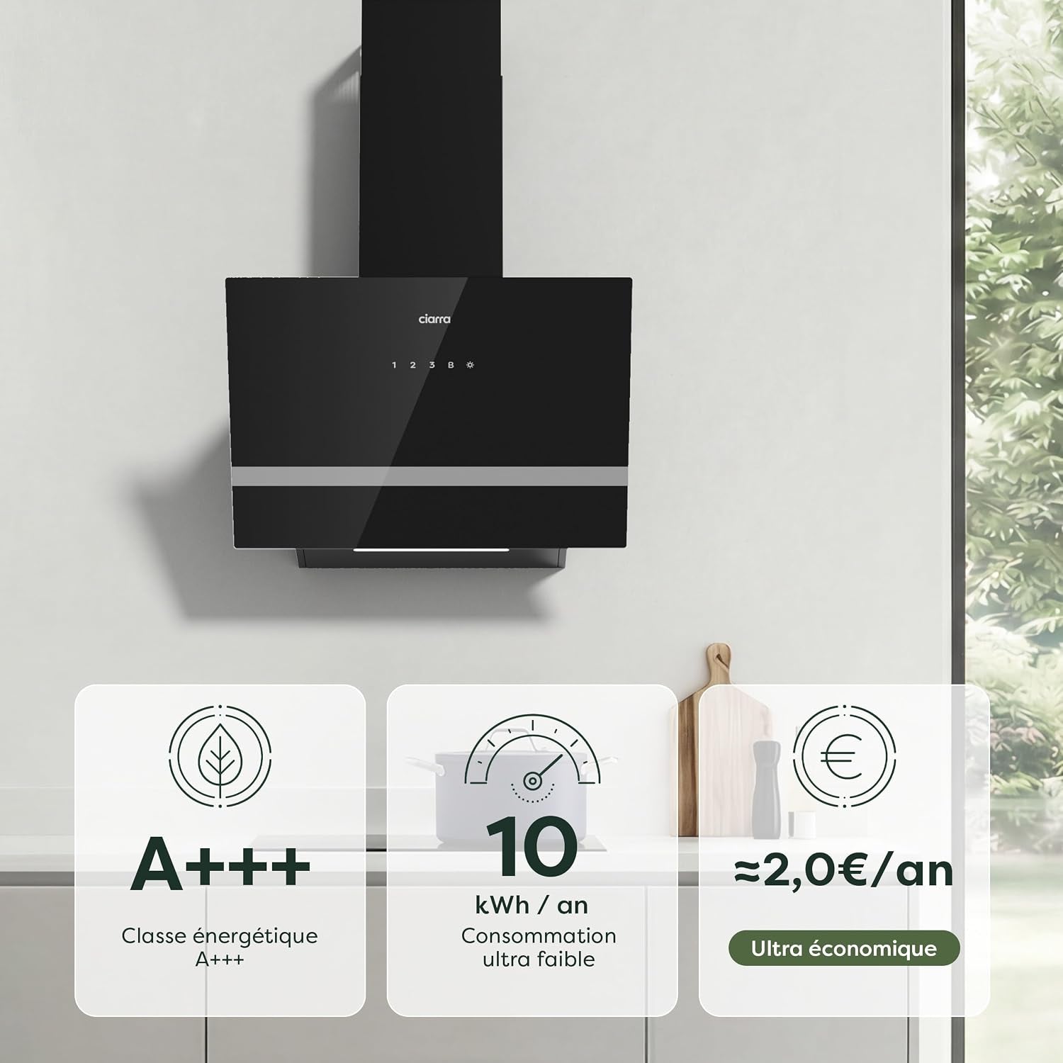CBCB6736H Hotte Aspirante 60 Cm Classe A+++ - Hotte Inclinée 685M³/H | Filtre À Charbon CBCF003 Inclus - Recyclage & Évacuation - Wifi &Commande Tactile- 4 Vitesses Avec Boost - LED Dimmable -Noir