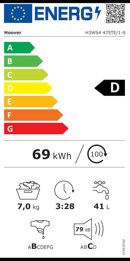 H-WASH 300 H3WS4 475TE/1-S Machine À Laver / 7 Kg / 1400 Tr/Min / Wi-Fi Et Bluetooth / Activesteam - Fonction Vapeur, Panneau Symbole, Programmes Spéciaux Pour L'Entretien Du Linge