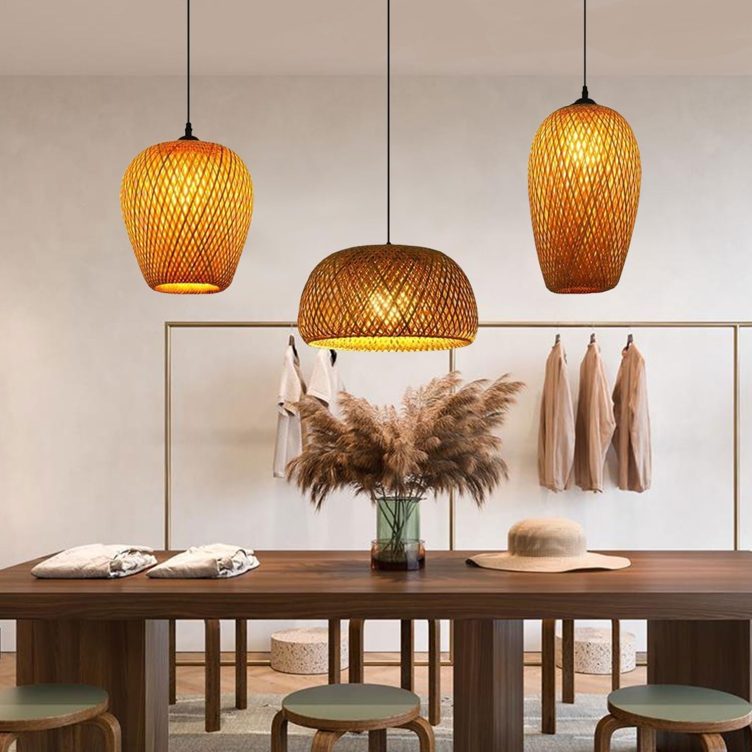 Bambou Naturel Tissé Suspension Rétro Lustre E27 Suspendue Hauteur Adjustable 3 Flammes Pendentif Luminaire Vintage Japonais Maison Intérieur Éclairage Bar Cuisine Restaurant Salle Lampe Plafond