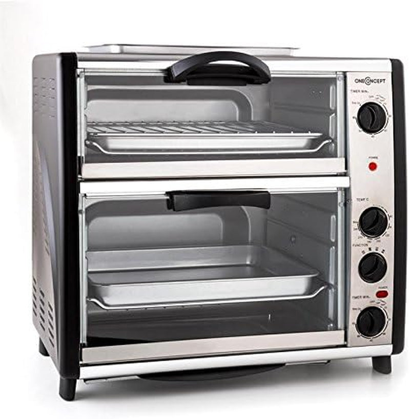Oneconcept All-You-Can-Eat - Four Grill, Four Électrique, Four Double, 42L Au Total, 2400W, Température Réglable, 60-240°, Timers, 2X Plaques, Fenêtre Large, Broche, Poids 7Kg, Argent
