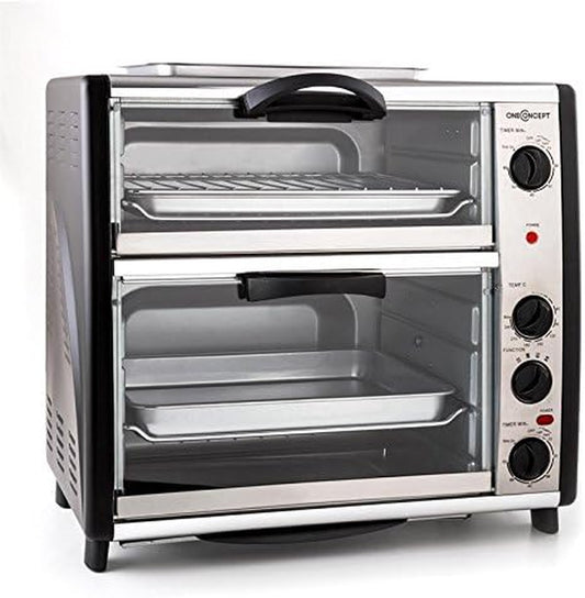 Oneconcept All-You-Can-Eat - Four Grill, Four Électrique, Four Double, 42L Au Total, 2400W, Température Réglable, 60-240°, Timers, 2X Plaques, Fenêtre Large, Broche, Poids 7Kg, Argent