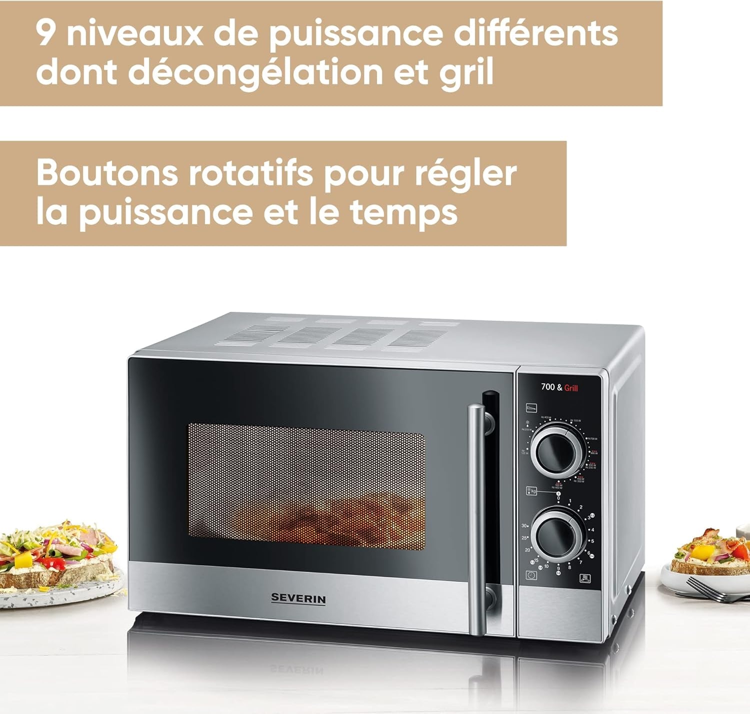 Four À Micro-Ondes Gril 20 L, Four Micro-Onde Avec 9 Niveaux De Puissance, Jusqu'À 900 W, Micro-Onde Avec Grille, Minuteur 30 Min, Plateau Tournant Amovible (Ø 24,5 Cm), Inox/Noir, MW 7874