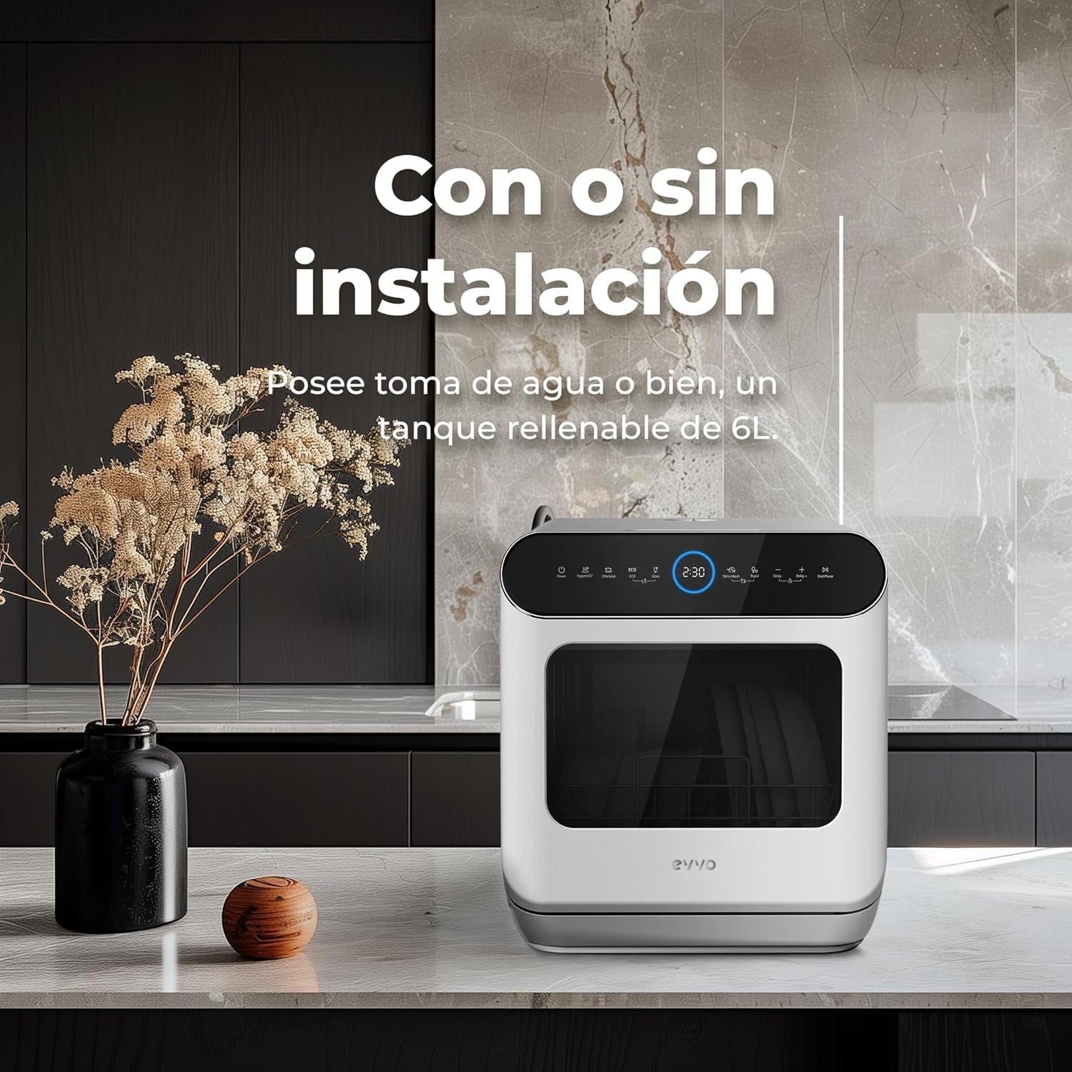 EVVO Lave-Vaisselle Petit, Taille Compacte Et Sans Installation, Pour Bureau Ou Comptoir, 2 Services, 6 Pogrammes, Séchage Supplémentaire, Programme ECO, Programme Automatique, Programmable, Mini D