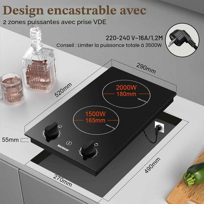 Plaque Induction 2 Feux Avec Bouton | Table De Cuisson Induction 30CM Avec Prise, Commande Par Bouton Rotatif, 9 Niveaux, Arrêt Automatique, 3500W, 220V