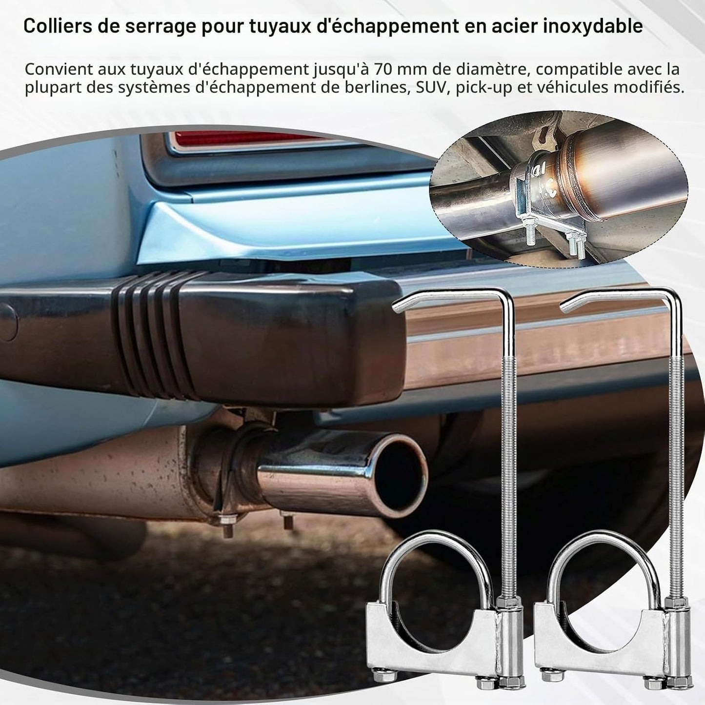 Collier D'Échappement En 2 Pièces, Acier Inoxydable Colliers En U Robustes Universel Avec Support Type Selle Ø 70 Mm / 2,75 Po Pour Tuyaux D'Échappement De Voitures Et Camions