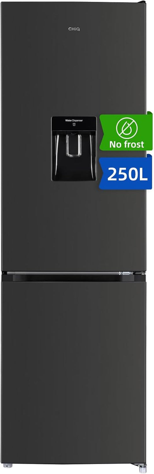 250L Réfrigérateur Autoportant Sans Givre,250L,Congélation À -24℃, Électronique Tactile, Compresseur Avec Garantie De 12 Ans, Distributeur D'Eau, Faible Niveau Sonore De 39 Db, Noir