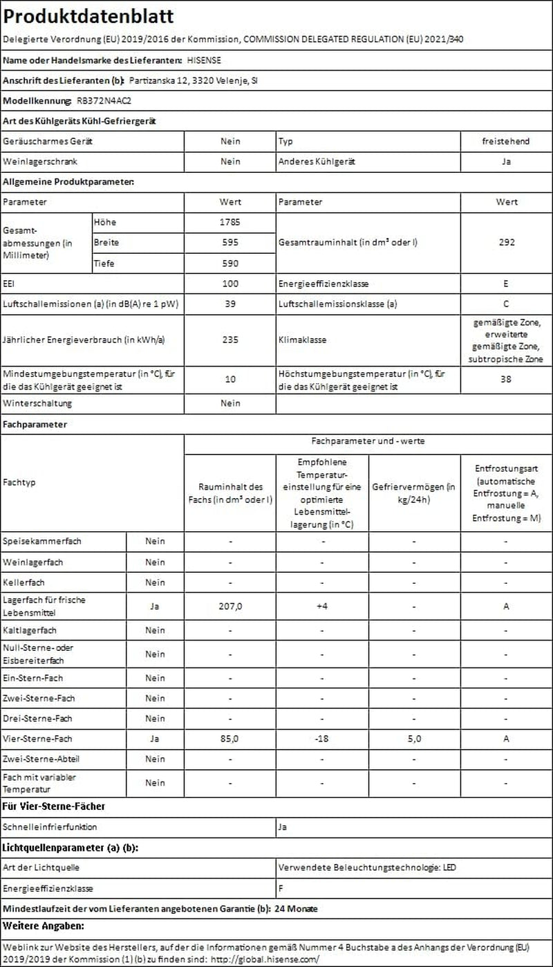 Hisense RB372N4AC2 Réfrigérateur-Congélateur Autoportante 292 L E Acier Inoxydable