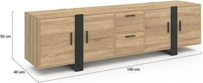 - Meuble TV 180 Cm Phoenix Avec Rangements Bois Et Noir