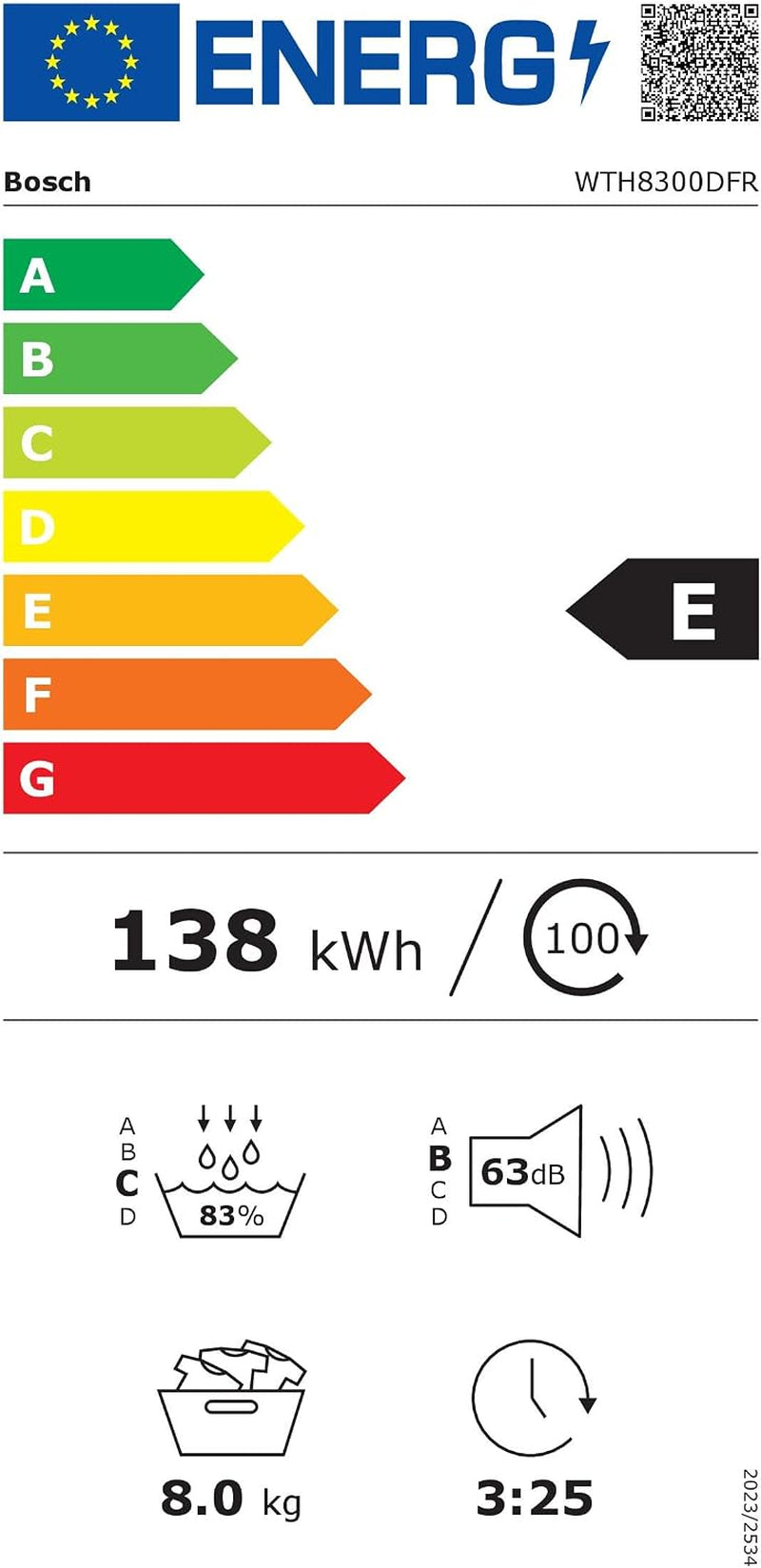 Bosch WTH8300DFR Série 4 - Sèche-Linge, Écran LED, Filtre Easyclean | Blanc, 8 Kg, Pompe À Chaleur, Autodry, Séchage Rapide 40 Minutes