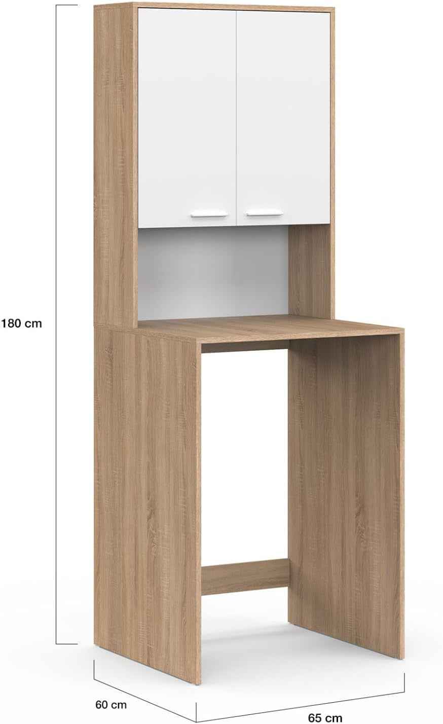 - Meuble Dessus De Machine À Laver Wallis Bois Façon Hêtre, Blanc | Avec Placard