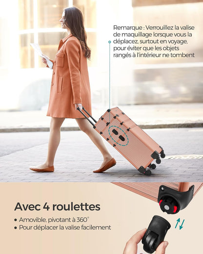 Valise De Maquillage Professionnel 4-En-1, Mallette Cosmétique, XXL, 34 X 24 X 79,3 Cm, Verrouillable, Roulettes À 360°, Pour Voyages, Manucure, Maquilleur, Coiffure, Doré Champagne JHZ015A01