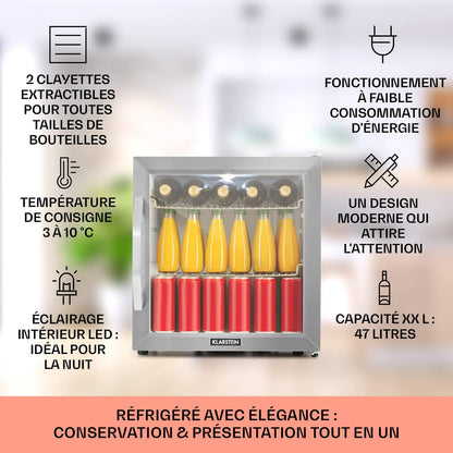 Mini Frigo De Chambre Et Bureau Pour Boisson, Petit Frigo Silencieux, Refrigerateur Mini Bar 47L, Petit Réfrigérateur Camping, Étagères Réglables, Ondulés Pour Le Vin, Cannette, Beer Fridge