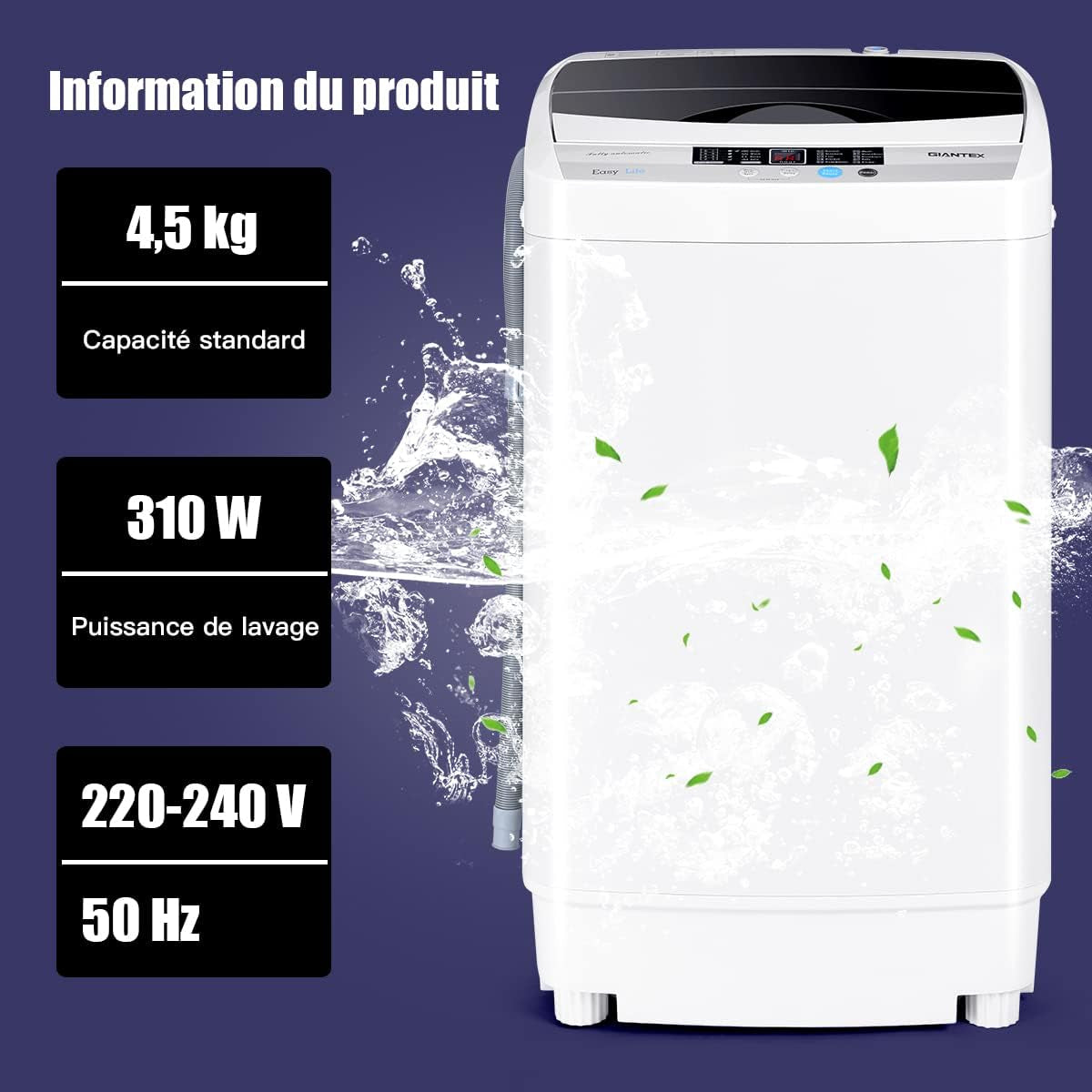 Lave-Linges Machine À Laver 4,5 KG 10 Programmes, Écran D' Affichage LED, Séchage, 50 X 50 X 85 CM, Blanc