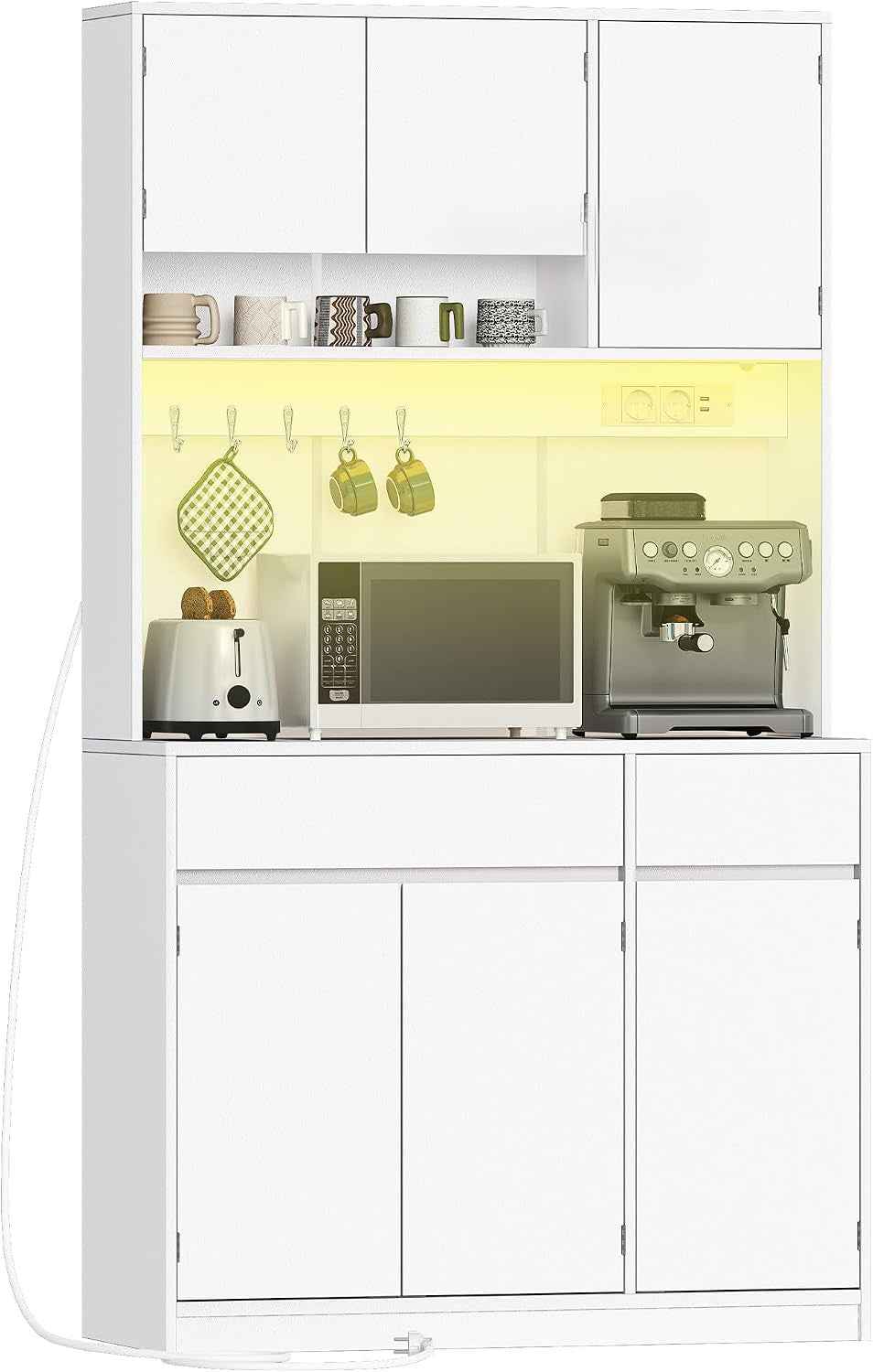 Meuble Cuisine, Buffet Avec Prises Électriques | Meuble De Rangement Cuisine Avec Plans De Travail Et 2 Tiroirs, Cuisine, Salon, 40 X 100 X 180 Cm , Blanc, PT00203XEU