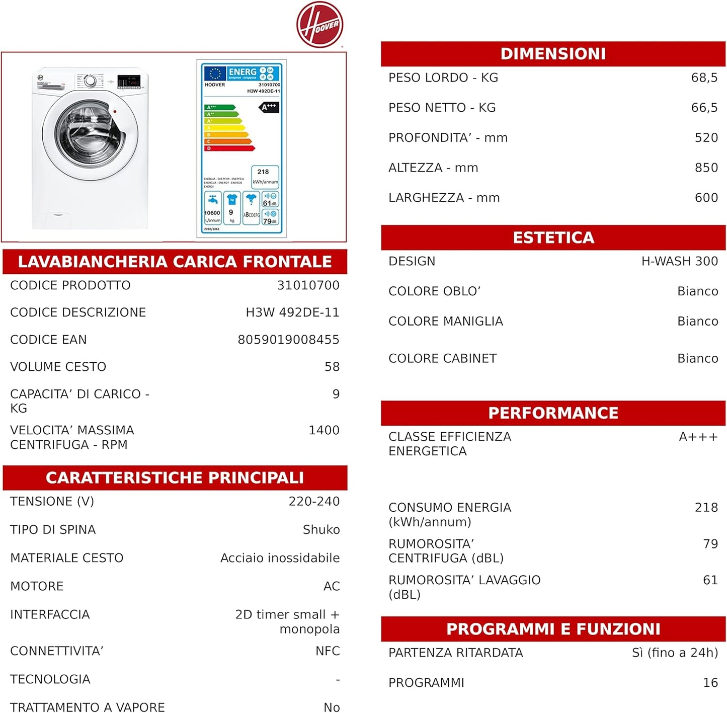 H3W 492DE-11 H-WASH 300 LITE Machine À Laver 9 Kg, 1400 Tours, Connectivité NFC, Charge Avant, Libre Installation, 60 X 52 X 85 Cm, Blanc, Classe D