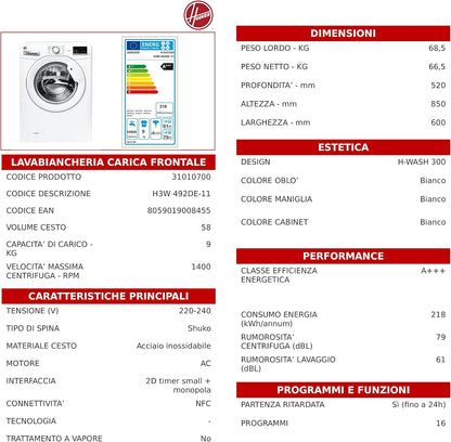 H3W 492DE-11 H-WASH 300 LITE Machine À Laver 9 Kg, 1400 Tours, Connectivité NFC, Charge Avant, Libre Installation, 60 X 52 X 85 Cm, Blanc, Classe D