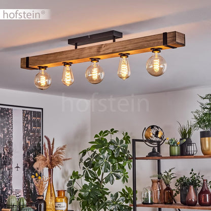 Plafonnier Montgomery, Plafonnier En Métal/Bois Noir/Naturel Avec Poutres En Bois (100 Cm), 5 X E27 Douille, Ampoule(S) Non Incluse(S)