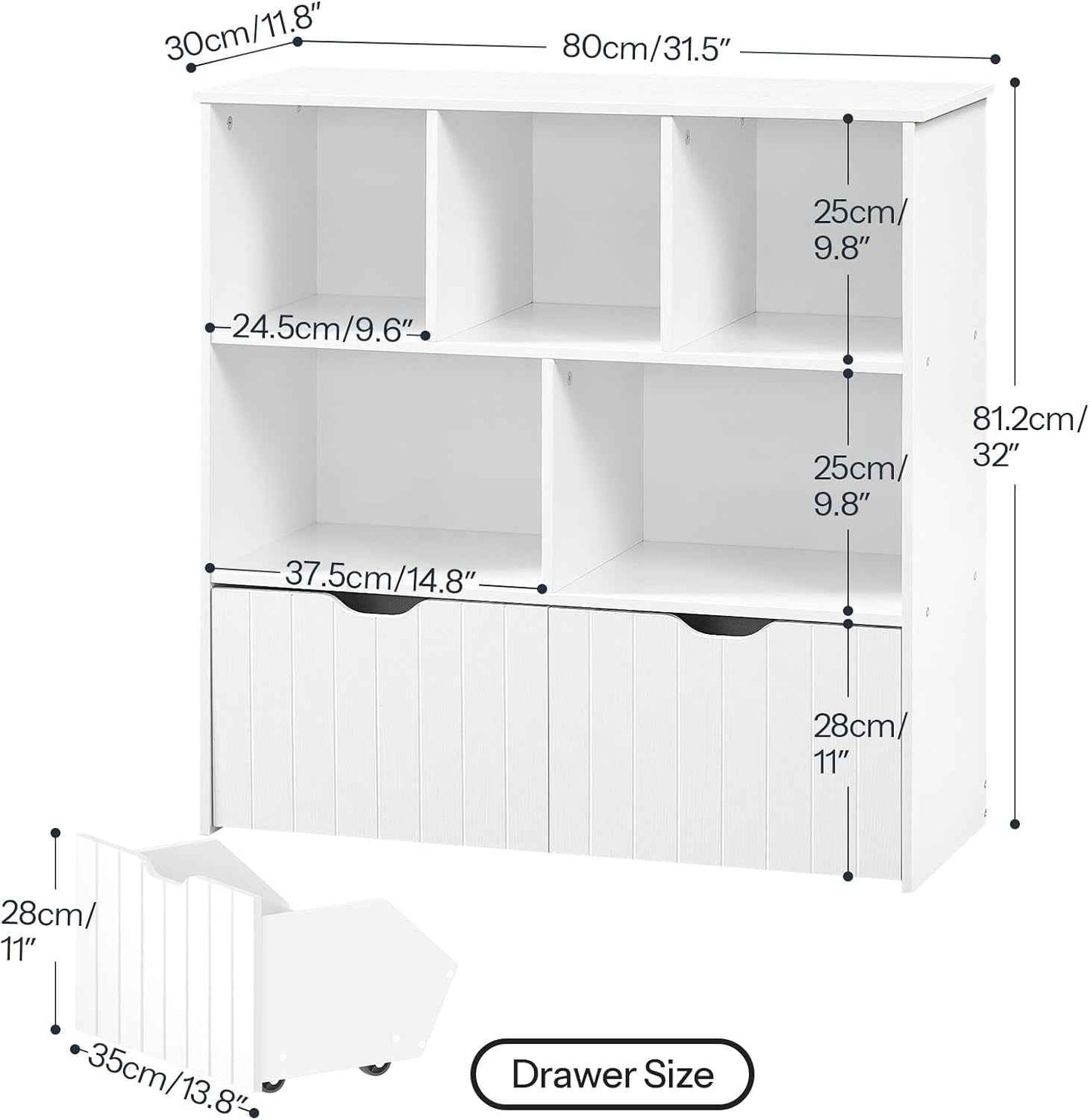 Étagère À Jouets, Bibliothèque Avec 2 Tiroirs Mobiles Indépendants Et 5 Compartiments De Stockage, Meuble De Rangement Multifonctionnel, Pour Salon, Chambre, Salle De Jeux, Blanc EWT88CW01