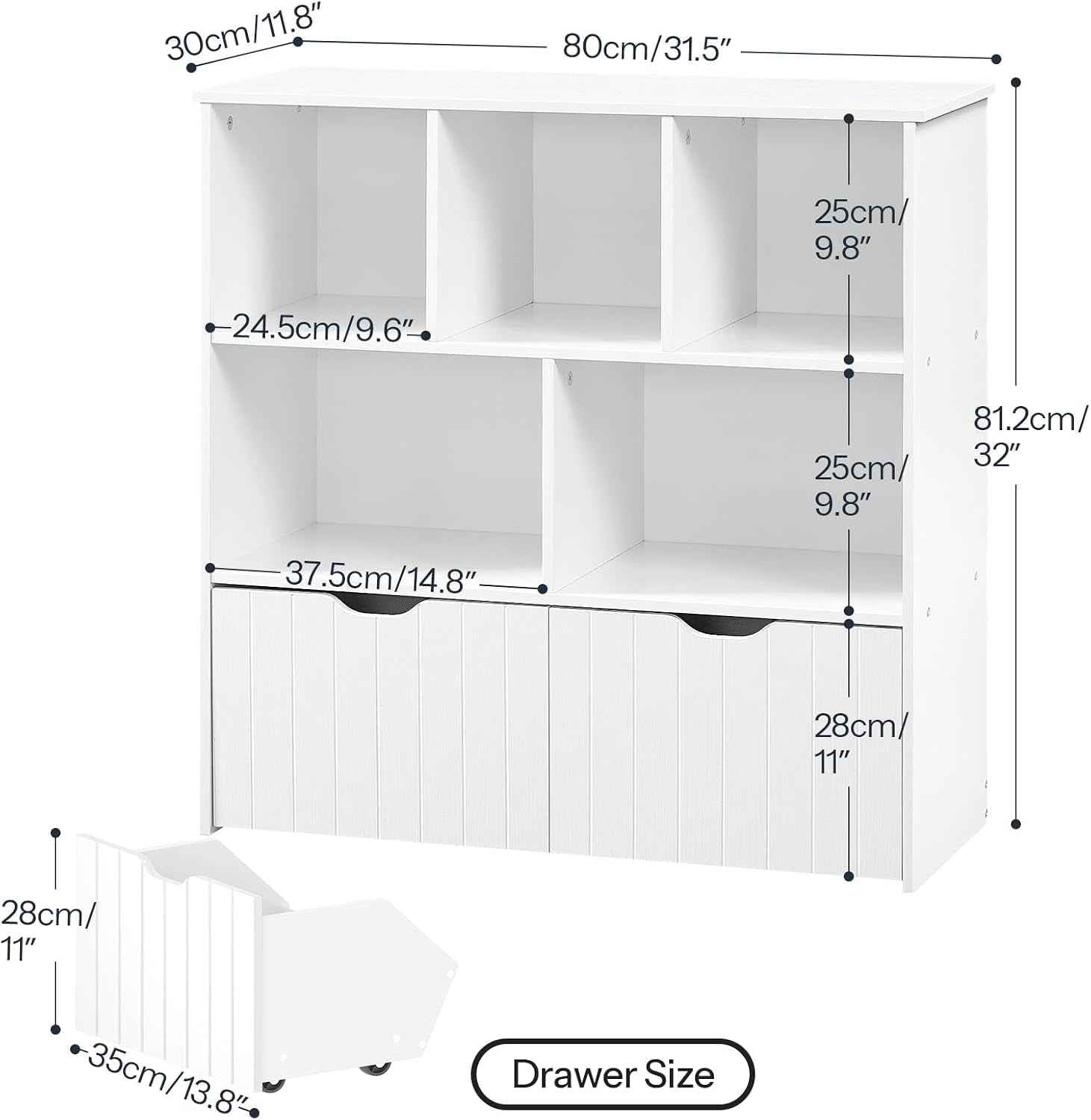 Étagère À Jouets, Bibliothèque Avec 2 Tiroirs Mobiles Indépendants Et 5 Compartiments De Stockage, Meuble De Rangement Multifonctionnel, Pour Salon, Chambre, Salle De Jeux, Blanc EWT88CW01