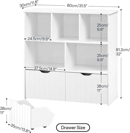 Étagère À Jouets, Bibliothèque Avec 2 Tiroirs Mobiles Indépendants Et 5 Compartiments De Stockage, Meuble De Rangement Multifonctionnel, Pour Salon, Chambre, Salle De Jeux, Blanc EWT88CW01