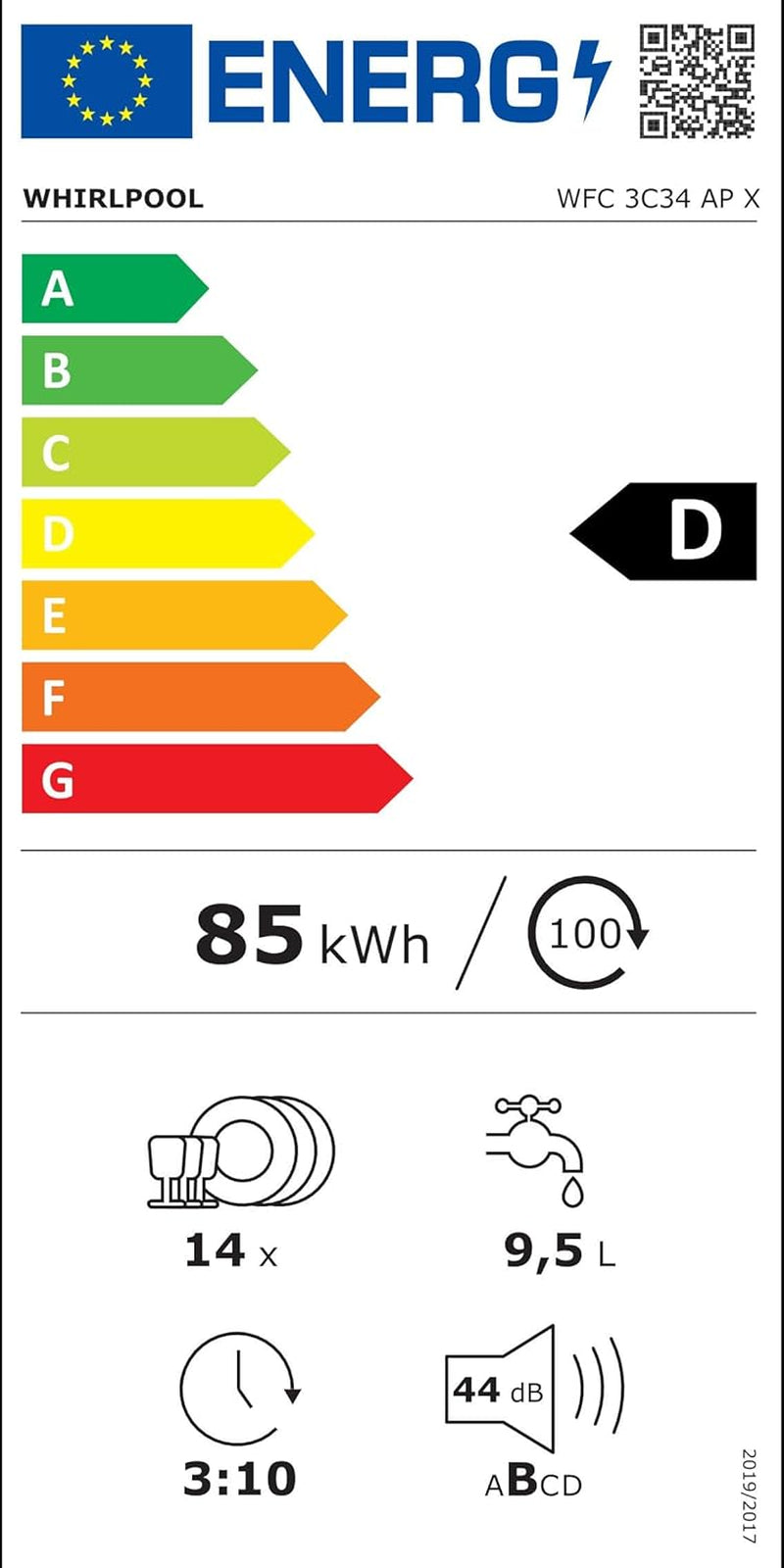 Whirlpool WFC 3C34 AP X, Lave-Vaisselle 60Cm Libre Installation, 14 Places, D