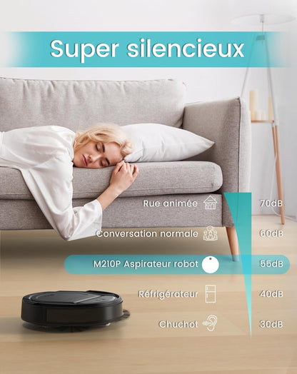 Aspirateur Robot, Robot Aspirateur Mince Silencieux Connecté Avec Wifi/Bluetooth/Alexa/App, 6 Modes De Nettoyage, Auto-Charge, 120Min D'Autonomie, Idéal Pour Poils D'Animaux Sols Durs, M210P