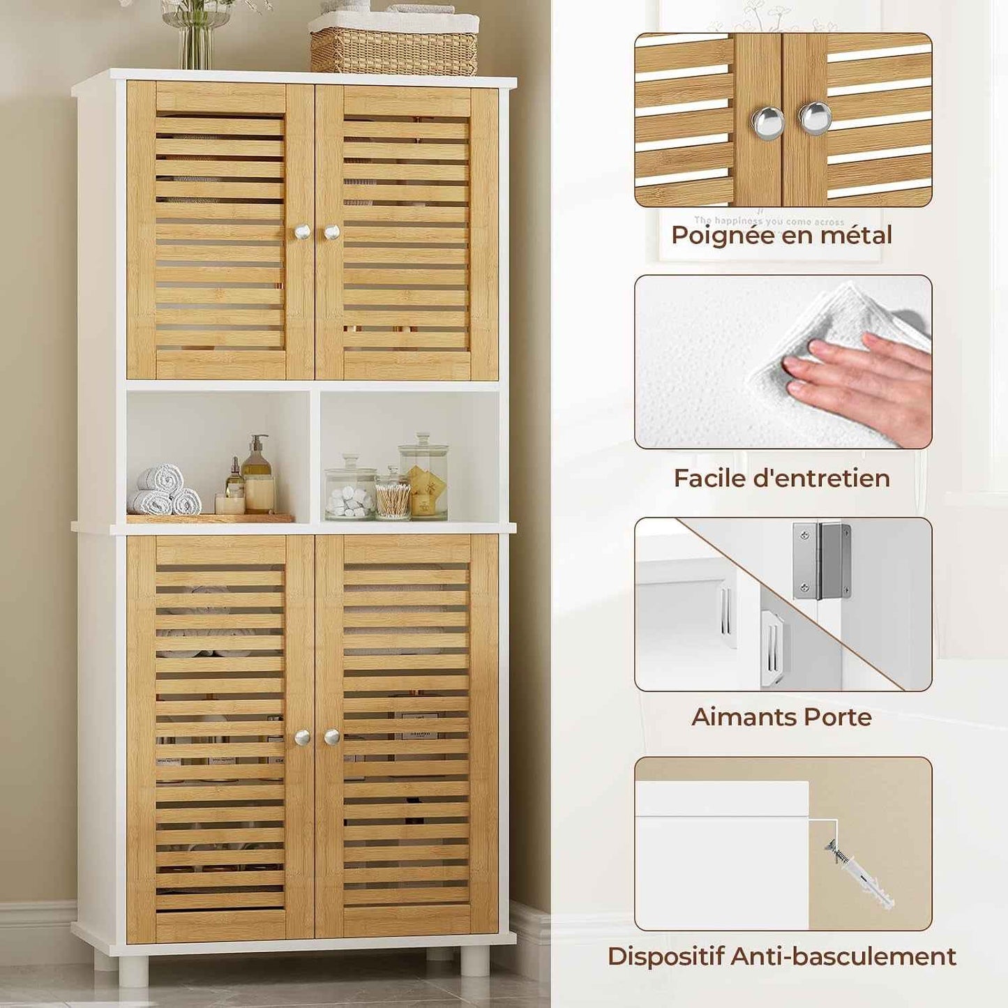 Meuble De Rangement, Meuble Colonne Pour Salle De Bain Avec 4 Portes En Bambou, 2 Étagères Réglables Et Ouvertes, Armoire De Salle De Bain Pour Salon Et Cuisine, 60 X 30 X 128 Cm, Blanc