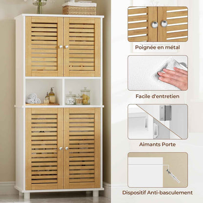 Meuble De Rangement, Meuble Colonne Pour Salle De Bain Avec 4 Portes En Bambou, 2 Étagères Réglables Et Ouvertes, Armoire De Salle De Bain Pour Salon Et Cuisine, 60 X 30 X 128 Cm, Blanc