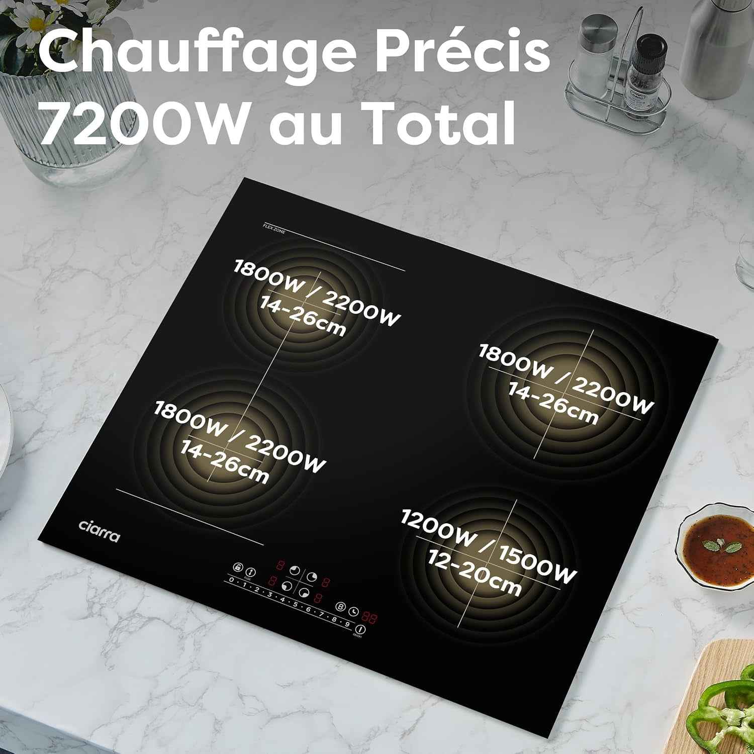 Plaque Induction 4 Feux Encastrable 60 Cm 7200W Avec Zone Flexible | Booster, Gestion De Puissance, Commande Tactile Slider, Minuterie, Sécurité Enfant, Grande Poêle Et Plancha, CBBIH4BF