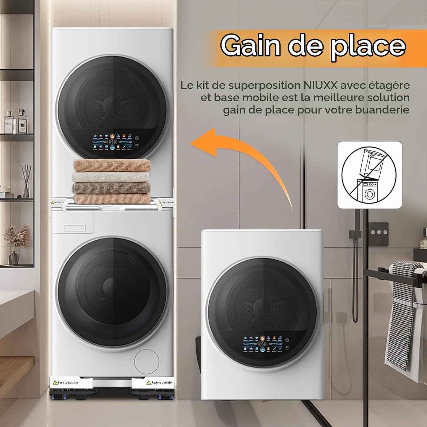 Kit Universel D'Empilage Et Socle Mobile Pour Sèche-Linge Et Lave-Linge, Taille Réglable Avec Corde À Cliquet Et Supports De Séchage Extensibles Pour Lave-Linge Et Sèche-Linge Gain De Place | (Kit D'Empilage-Style Tiroir & Base Mobile)