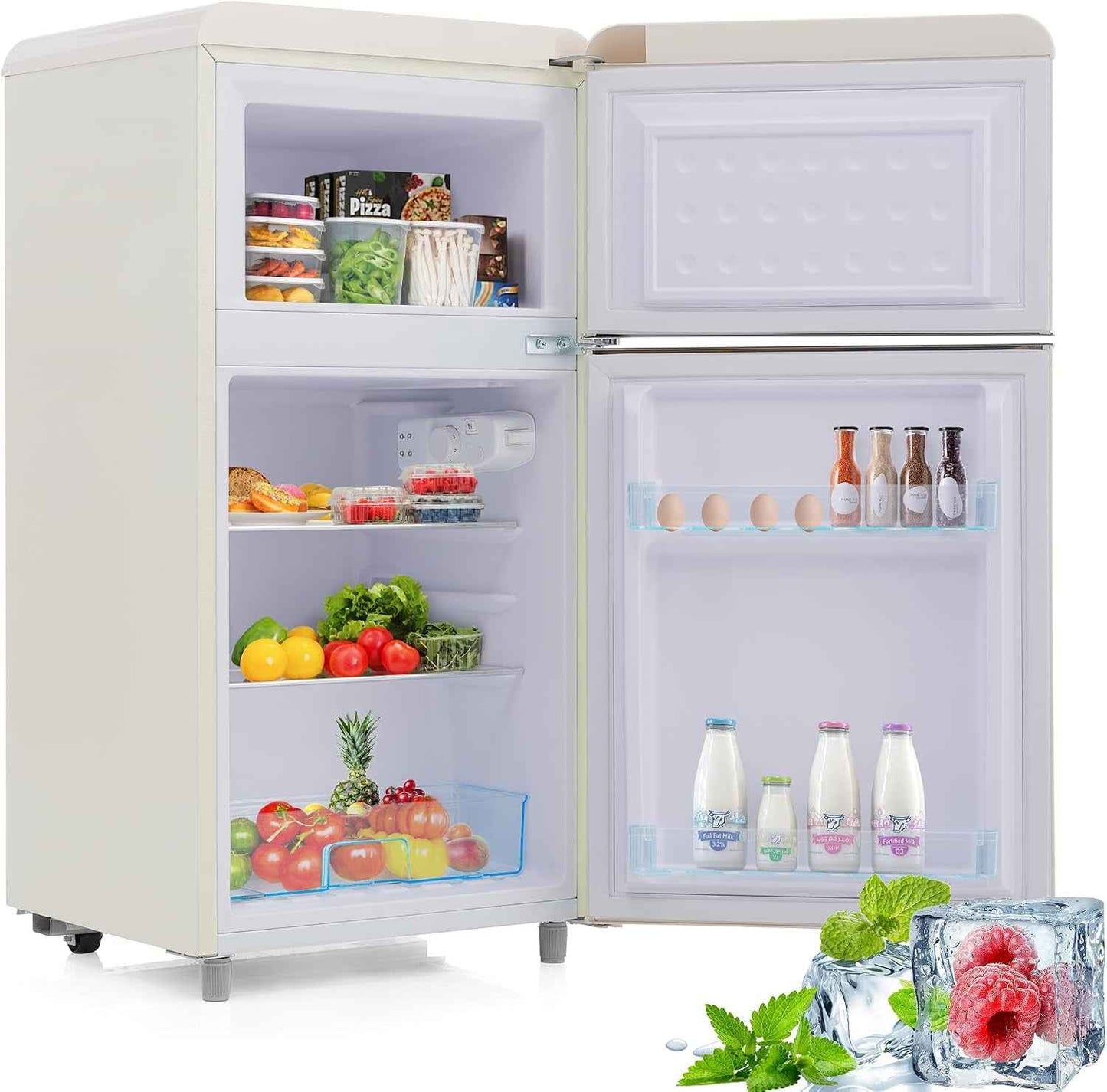 Réfrigérateur Rétro À Double Porte, 72 Litres, Avec Compartiment Congélateur De 21 Litres, 120 Kwh/An, Éclairage LED - Blanc