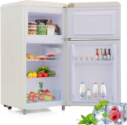 Réfrigérateur Rétro À Double Porte, 72 Litres, Avec Compartiment Congélateur De 21 Litres, 120 Kwh/An, Éclairage LED - Blanc