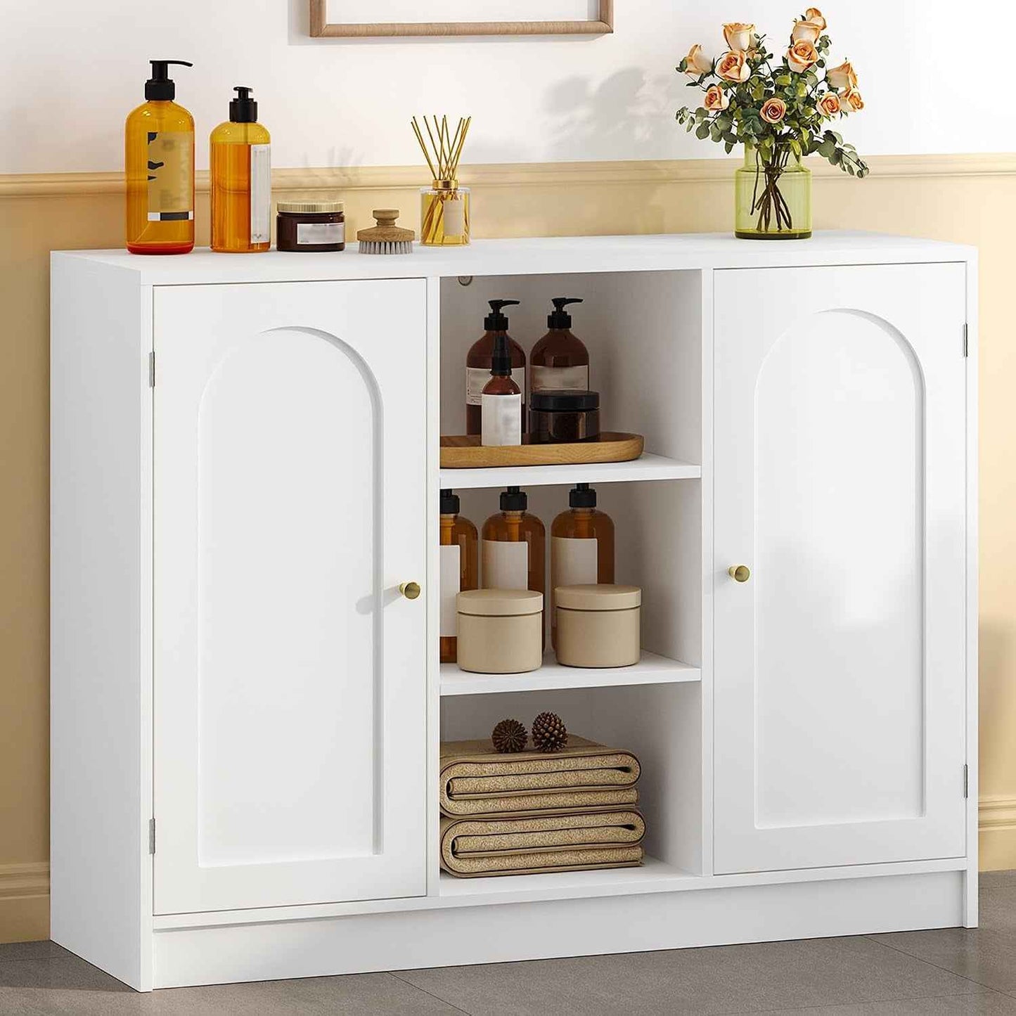 Meuble Salle De Bain, Meuble De Rangement Avec Étagère Réglable | Armoire Sur Pied Avec Arquées Et 3 Étagères Ouvertes, Pour Salle De Bain, Salon, 30 X 100 X 81,5 Cm, Blanc SC21203X